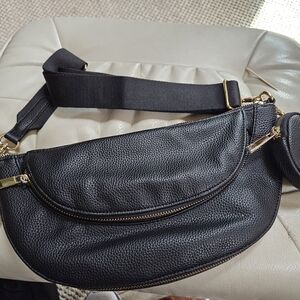 Black Leather Crossbody Bag with Gold Accents